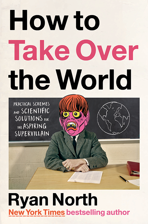 Book cover with title: How to take over the world -- with a cartoon drawing of a man on it
