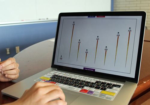 A hand at a computer with a simulation of data on the screen.