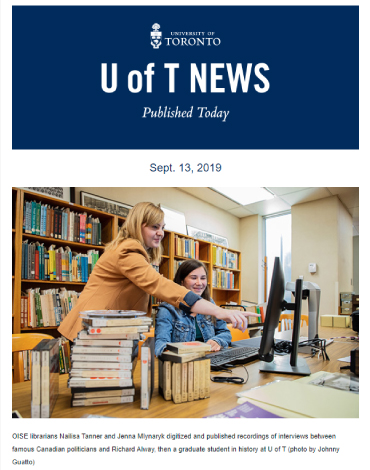 A cover of e-news - U of T, in the news.