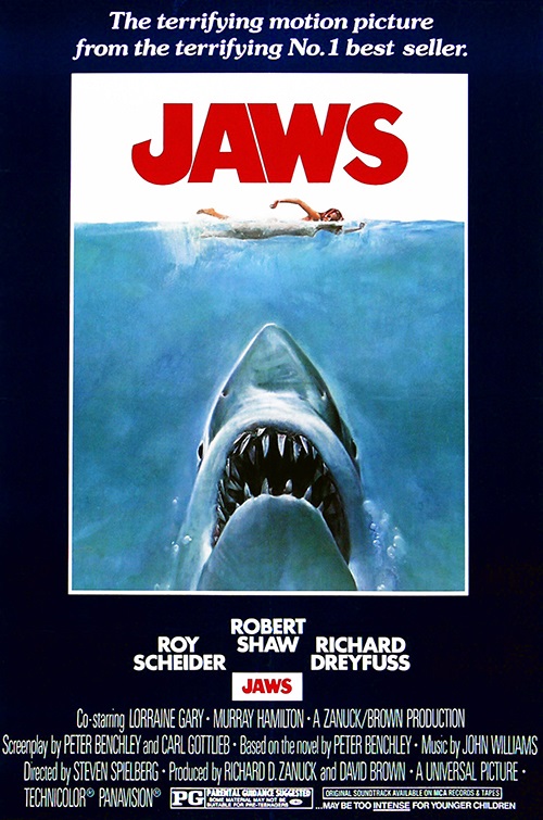 Movie poster titled: Jaws with a shark coming out of the water with an open mouth