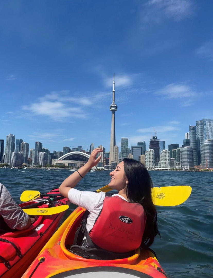 Aamyneh Mecklai kayaking in Toronto's harbour 