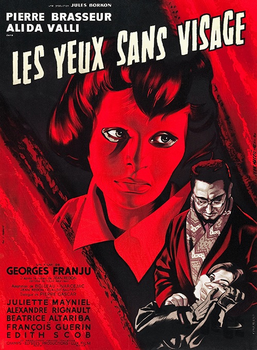 Movie poster titled: Les Yeux sans visage with a stylized red and black illustration of a woman's face