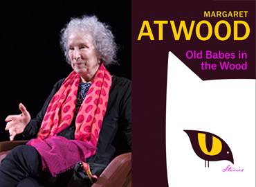 Margaret Atwood with her book cover