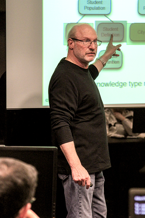 Mark Fox in front of a class pointing at a screen