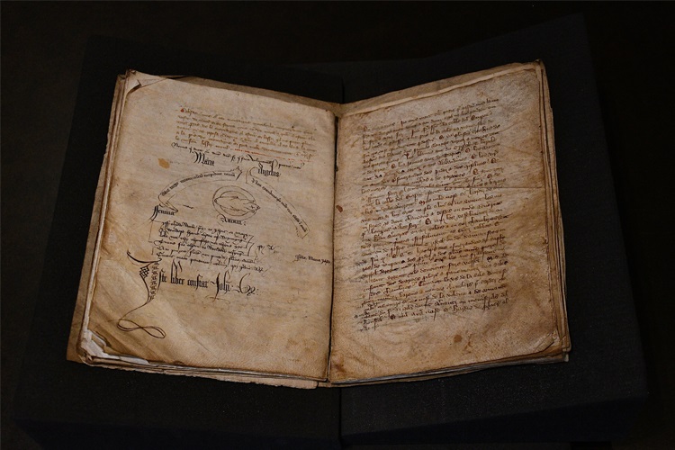 An ancient manuscript open to show inside