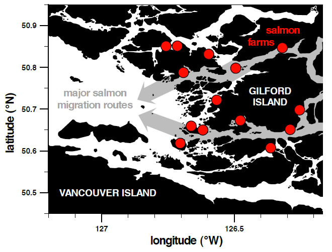 Map showing salmon farm locations and major wild salmon migration routes in BC’s Broughton Archipelago.