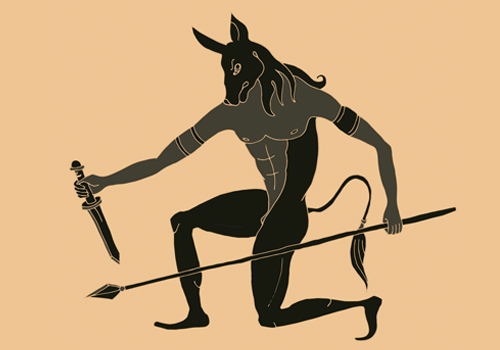 A beige background with a black stencil of a minotaur, a bull like creature with human legs.