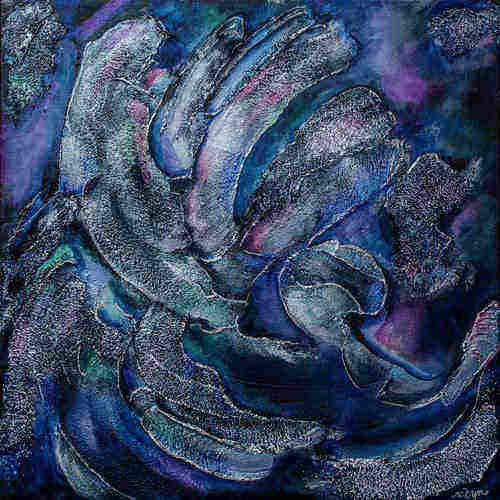 An abstract painting by Robyn Rennie with purple, blue, black and metallic colours
