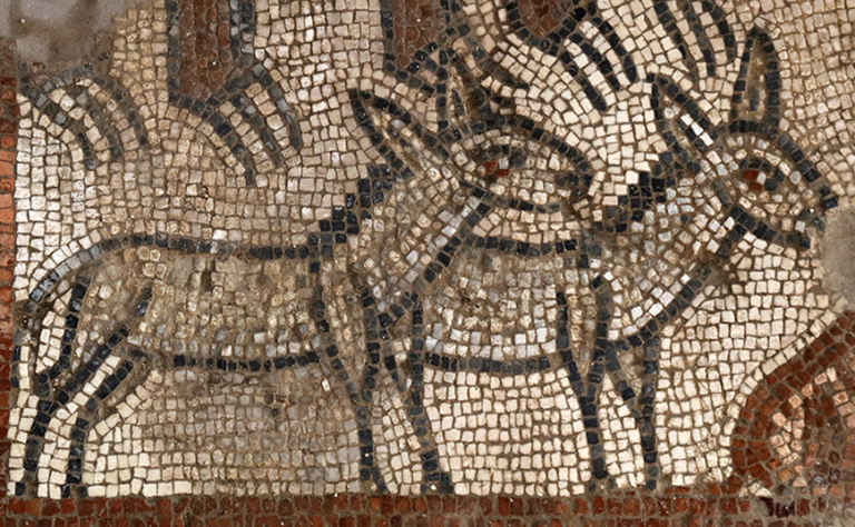 Closeup of mosaic with two donkeys.