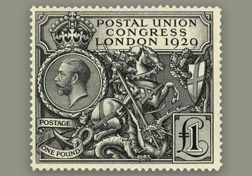 A stamp with an illustration of a horse, shield and photo of a person.