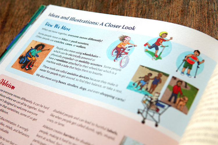 An up close image of a page with bright colourful illustrations of people.