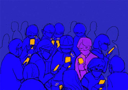 A blue and purple graphic with multiple illustrations of people looking at a cellular device.