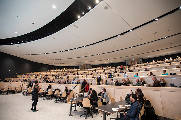 Patricia O'Campo speaks to a classroom full of people