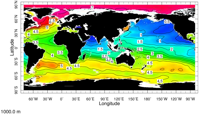 A map of the world’s oceans depicts oxygen concentrations. The Pacific Ocean, Arabian Sea and Black Sea indicate low oxygen.