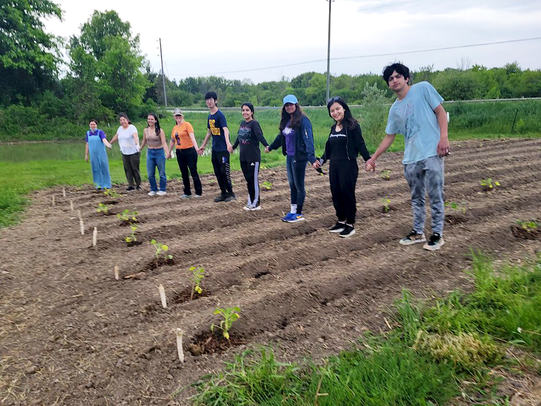 A group of seven students holding hands on a farmer's field