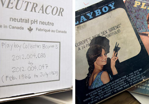 Cover of Playboy from the 1960s and a label describing the collection.