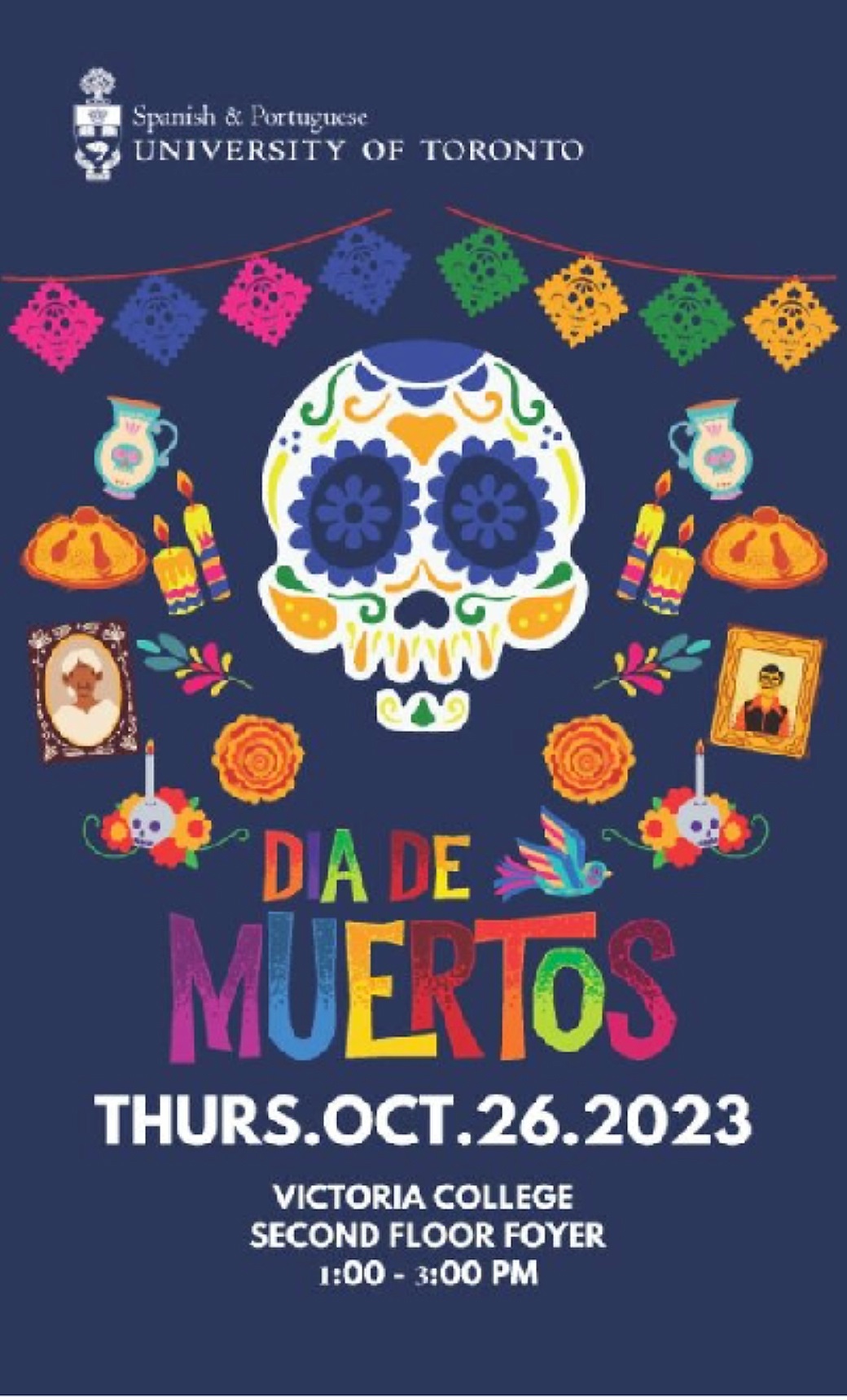 Day of the Dead event poster featuring a skull with flowers