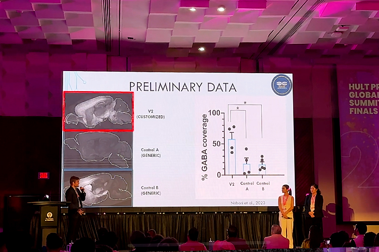 Three people present preliminary data from a large screen.