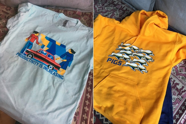 Two T-shirts using Soviet-style propaganda imagery