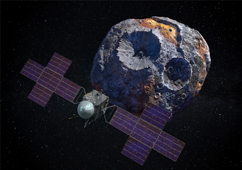 An illustration of a space probe in front of an asteroid