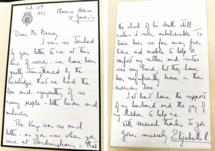 A letter written by Princess Elizabeth to U of T Chancellor Vincent Massey dated Feb. 17, 1952 (
