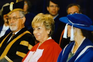 Rose Wolfe, Avie Bennett and Wendy Cecil in their robes at U of T convocation