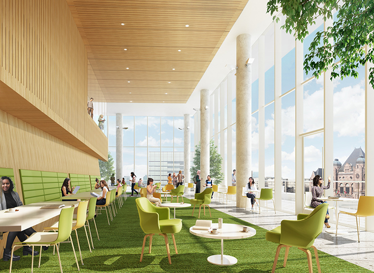 A rendering of the Schwartz Reisman Institute, featuring a sunny atrium with tall ceilings