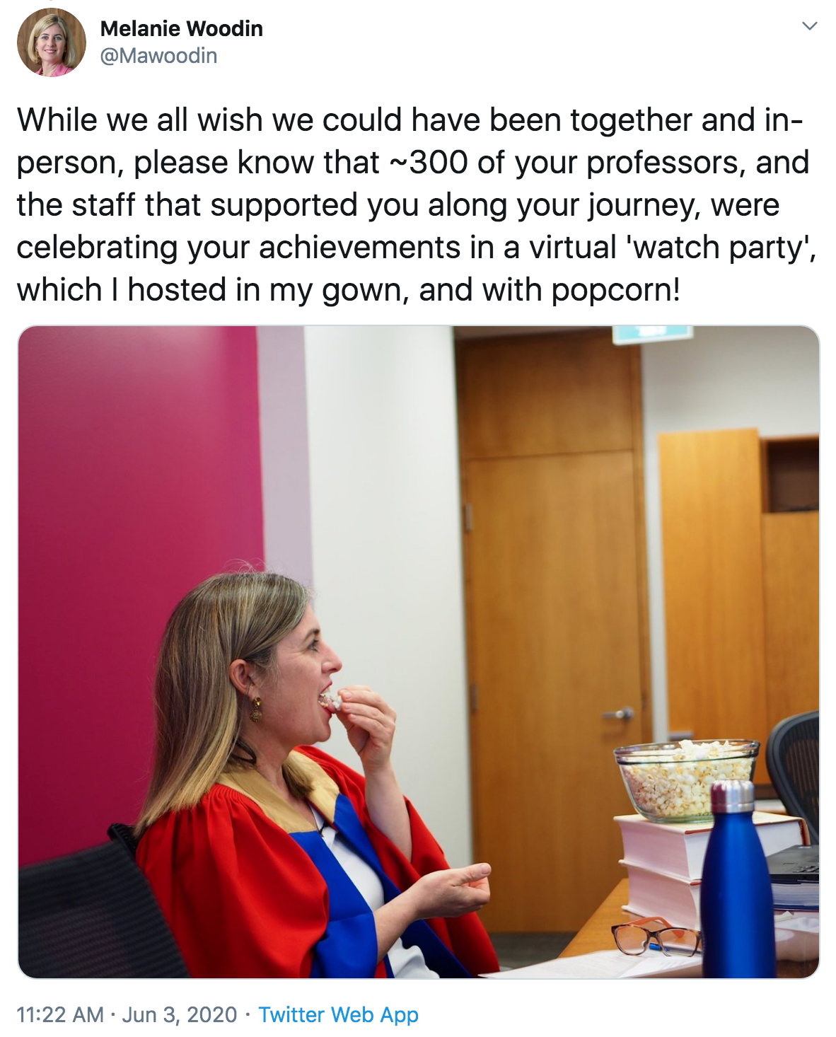 Dean Melanie Woodin hosts the virtual watch party live celebration of Convocation 2020 with popcorn, from her Twitter account