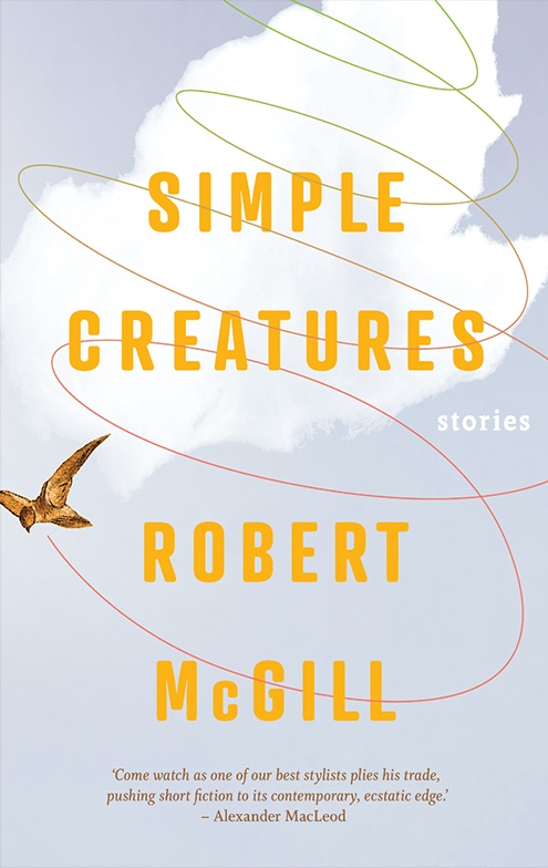 The cover of the book "Simple Creatures," featuring an illustration of a bird in flight.