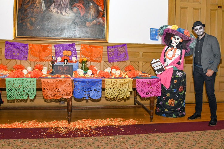 At the party, a lavish ofrenda was set up in the Victoria College foyer 