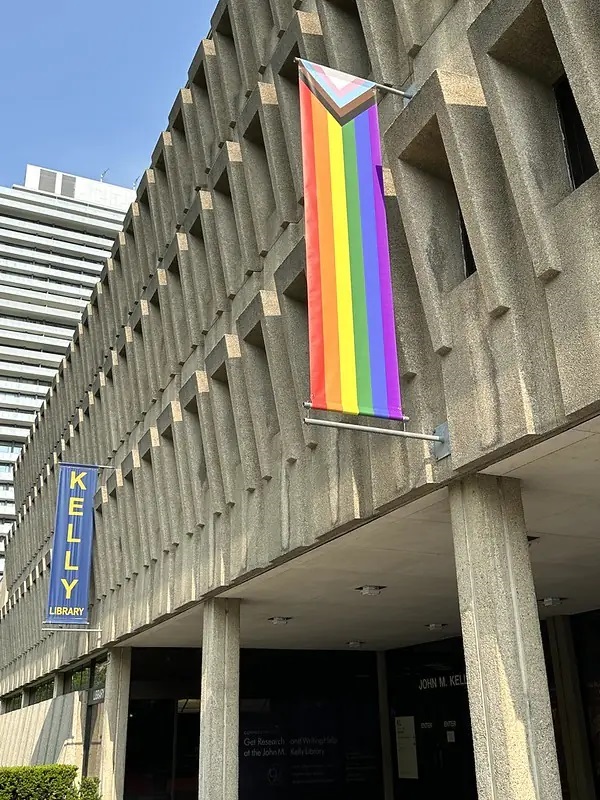 A multicolored pride flag handing from the side of a building.