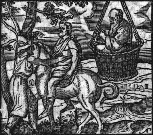 Socrates appears suspended in a basket while a dispute unfolds beneath him, in this 16th‑century engraving illustrating a well‑known moment from The Clouds, the work of the Greek playwright Aristophanes. 