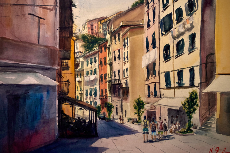 painting of a street scene in muted earth tones