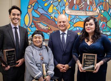 Tyee Fellows, Inuk Knowledge Keeper Naulaq LeDrew, U of T President Meric Gertler and Andrea Johns.