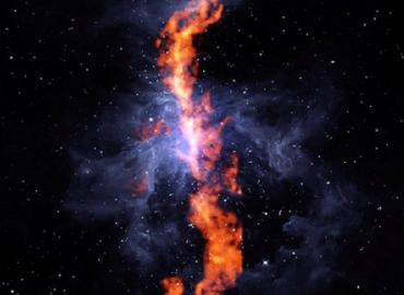 In this composite image, the filament of ammonia molecules appears red and Orion Nebula gas appears blue.