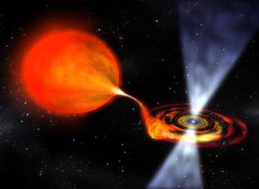 Artist’s rendition of a typical millisecond pulsar binary system in which the shape of the companion star (left) is deformed by the gravitational pull of the pulsar (right) seen emitting beams of radiation.