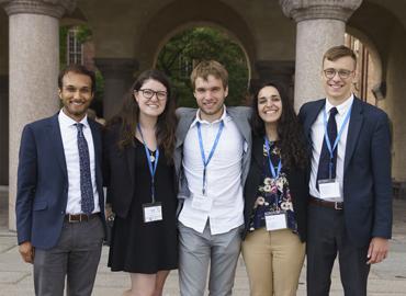 Undergraduate students Rashad Brugmann, Emily Shaw, Nicolas Côté, Danielle Pal and Nathan Postma at the 2018 International Sustainability Campus Network (ISCN) Conference in Stockholm, where the group presented their award-winning research paper.
