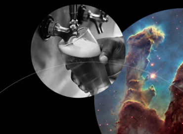A picture of a hand pouring beer out of a tap and the horsehead nebula in circles near the bottom. 