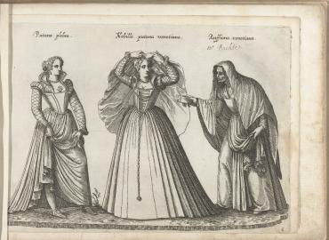 Bartolomeo Grassi&amp;#039;s engraving of two prostitutes and a procuress from Veri Ritratti (1588).
