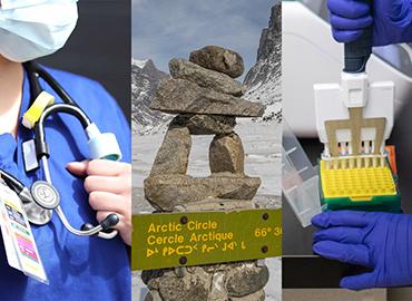 a close up of a nurse, an inukshuk at the arctic circle, and a lab tech dispensing samples