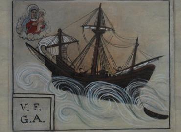 medieval illumination of a ship amidst waves, with religious figures watching from above