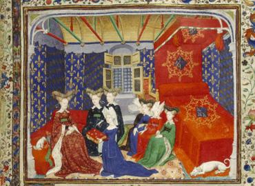 medieval illumination of figures gathering in a room