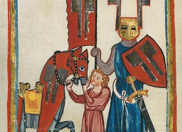 medieval illumination of a knight with a shield and flag, a horse, and a small female figure