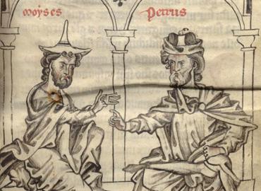 detail from a manuscript of Petrus Alfonsi, a double portrait of the author as a Jew and a Christian