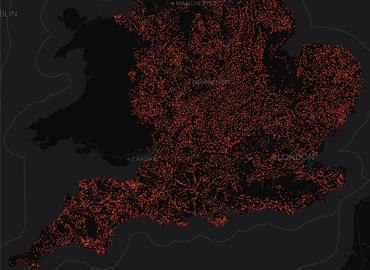Domesday Map, black background with red dots that form a map of England in 1086