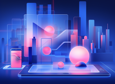 Computer-generated illustration in pink and blue tones of spherical shapes floating in space amidst rectangular prisms that look like a skyline