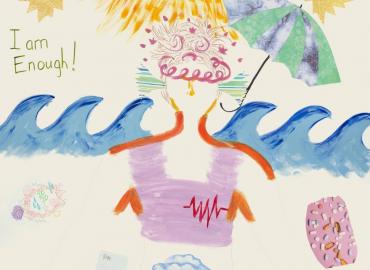 A body map created by a woman who has had a risk-reducing survey, a bilateral salpingo-oophorectomy (BS0), to prevent cancer. It shows in part a woman with an umbrella, in front of waves, with the text, &amp;quot;I am Enough!&amp;quot;