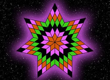 A purple and green pointed star like shape with a space backdrop.