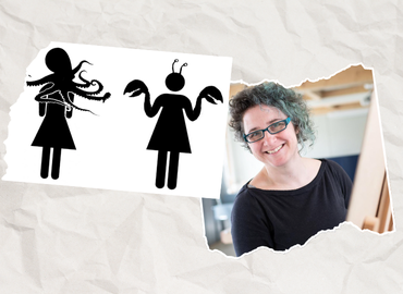 First image is of two black humanoid pictograms and second image of Berlin-based artist Kaethe Wenzel similar at the camera