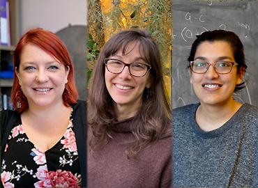 headshots of three Sloan researchers including Renée Hložek, Chelsea Rochman and Ila Varma.